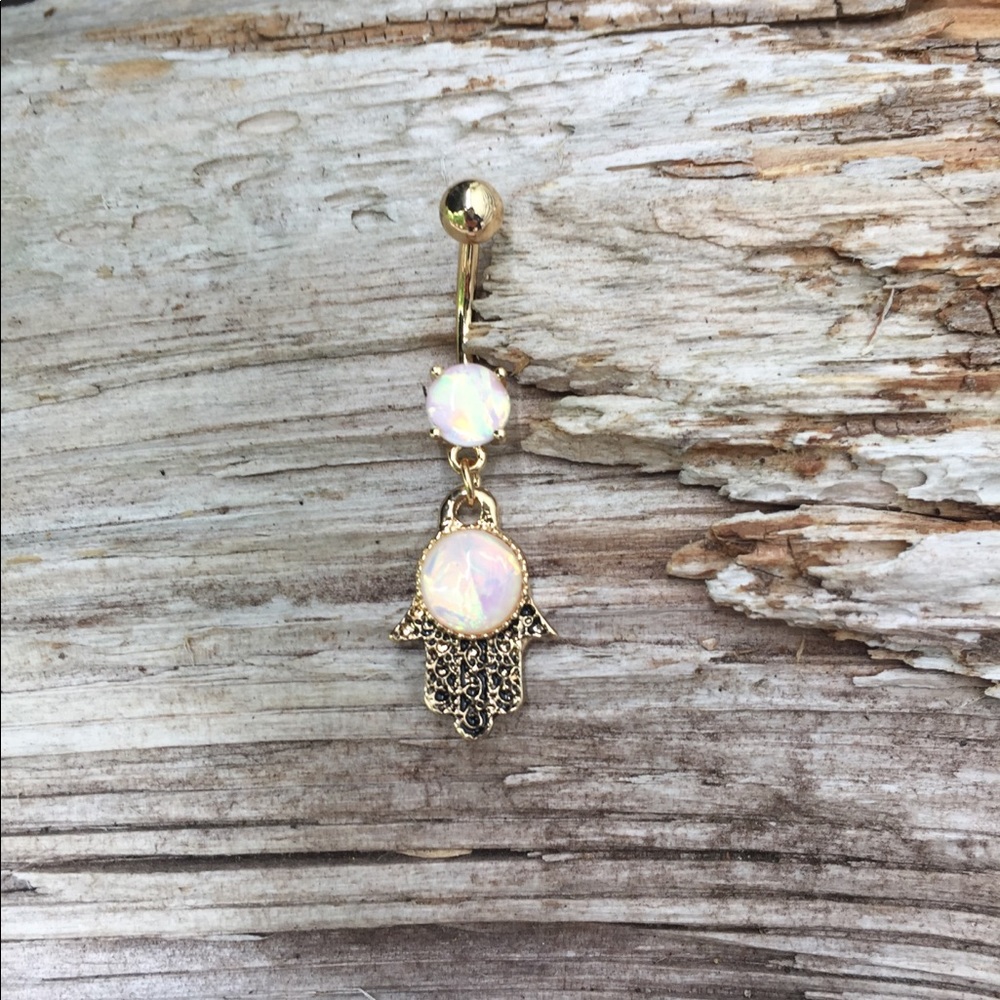 Gold Hamsa Opal Belly Button Navel Ring